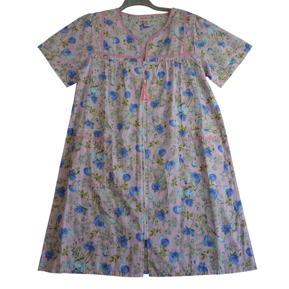Vintage MoonDance Nightgown Womens M Pink Floral Zip Up Tassel Boho House Dress